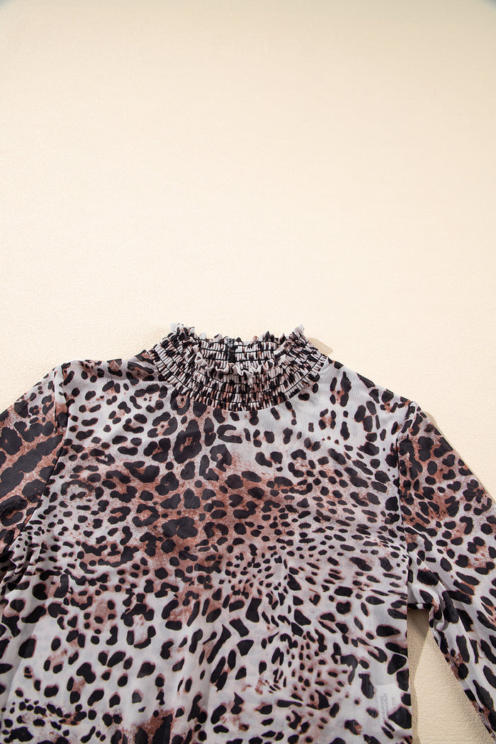 Sheer Mesh Leopard Smocked Mock Neck Bodysuit