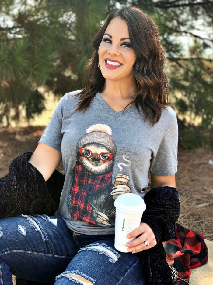 {SLOWLY THE SLOTH} Buffalo Plaid Gray V-Neck Tee