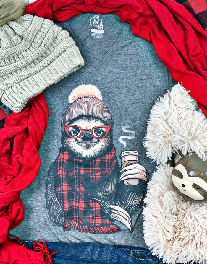 {SLOWLY THE SLOTH} Buffalo Plaid Gray V-Neck Tee