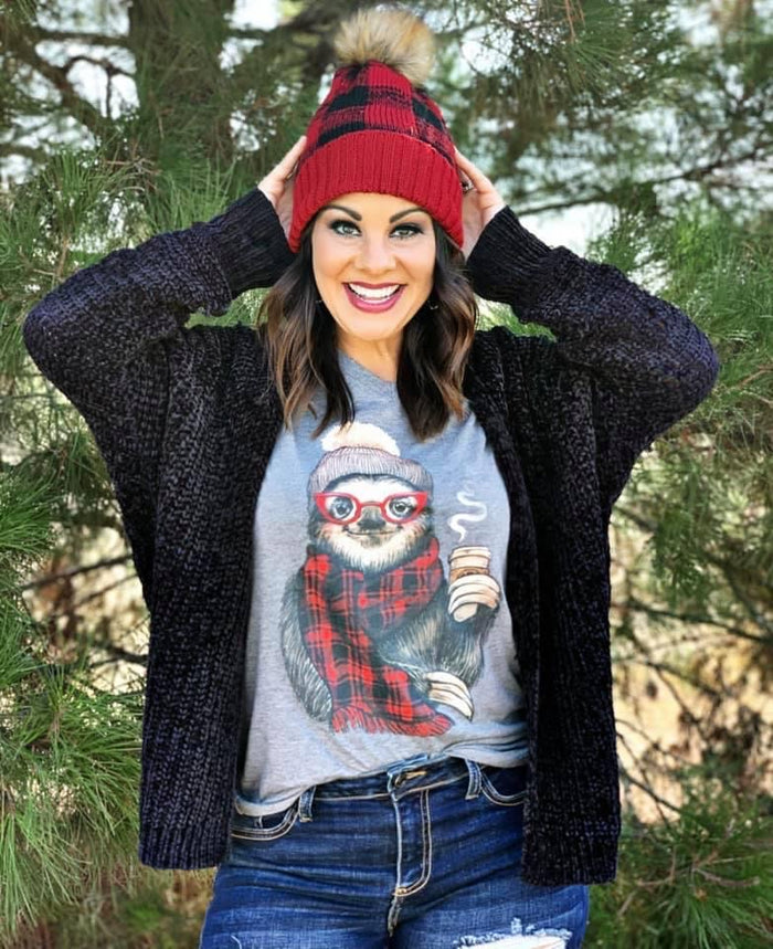 {SLOWLY THE SLOTH} Buffalo Plaid Gray V-Neck Tee