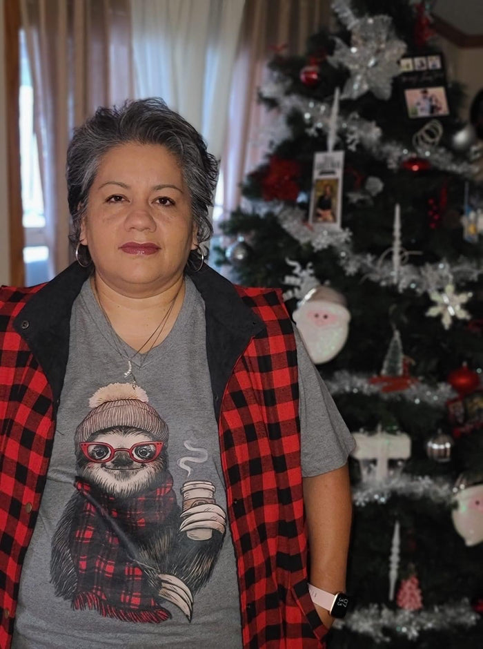 {SLOWLY THE SLOTH} Buffalo Plaid Gray V-Neck Tee