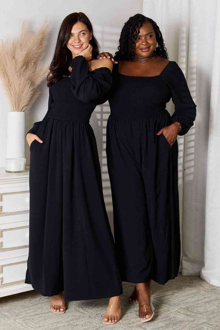 Square Neck Smocked Jumpsuit with Pockets