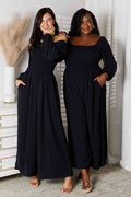 Square Neck Smocked Jumpsuit with Pockets