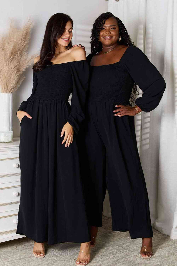 Square Neck Smocked Jumpsuit with Pockets