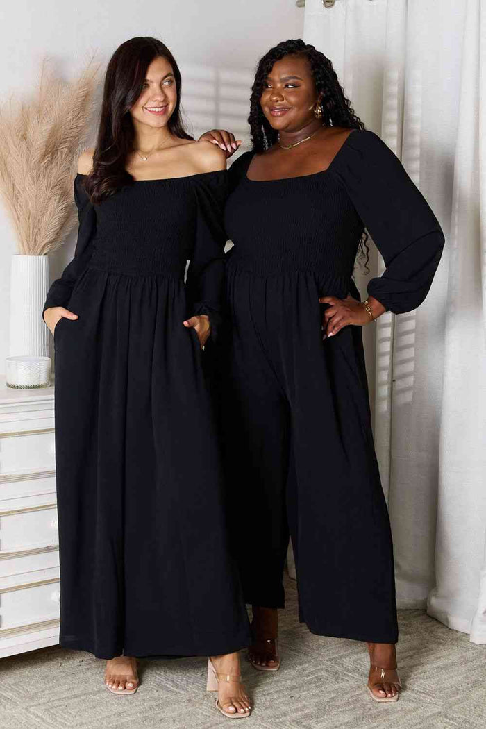 Square Neck Smocked Jumpsuit with Pockets