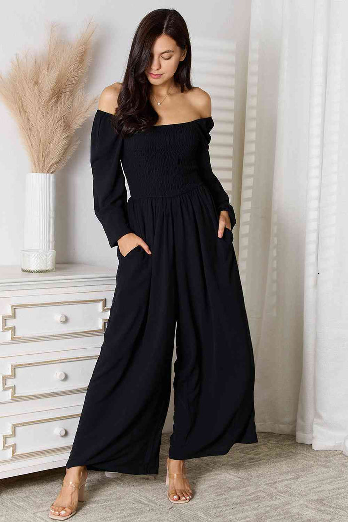 Square Neck Smocked Jumpsuit with Pockets