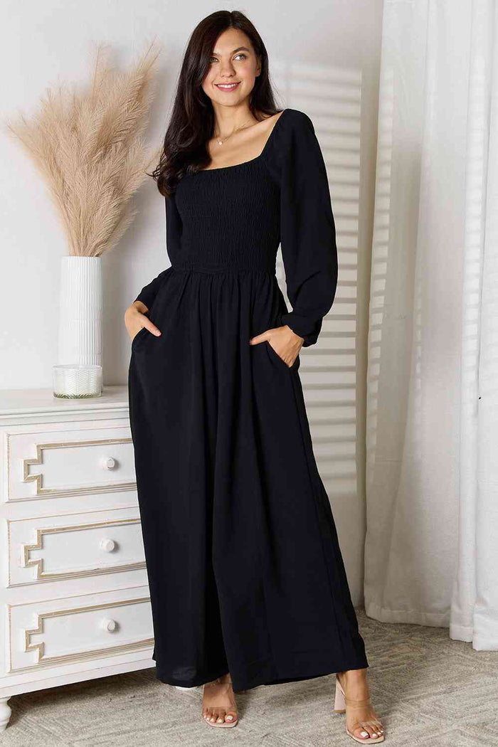 Square Neck Smocked Jumpsuit with Pockets