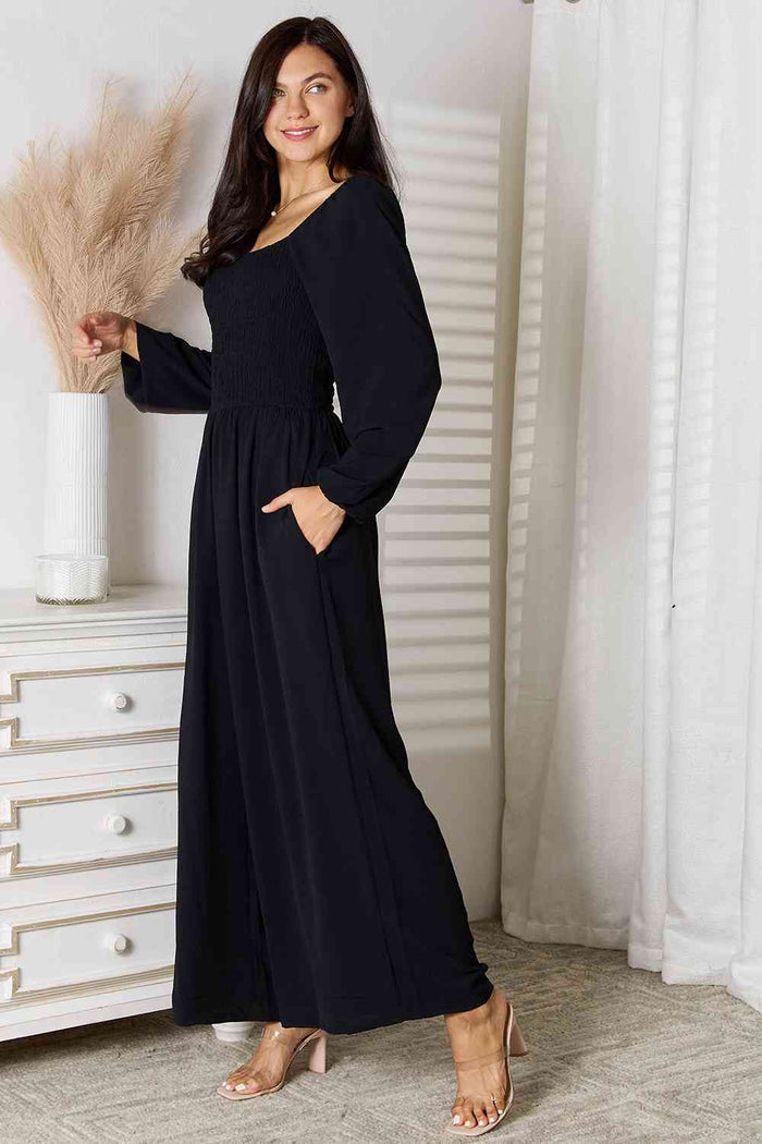 Square Neck Smocked Jumpsuit with Pockets
