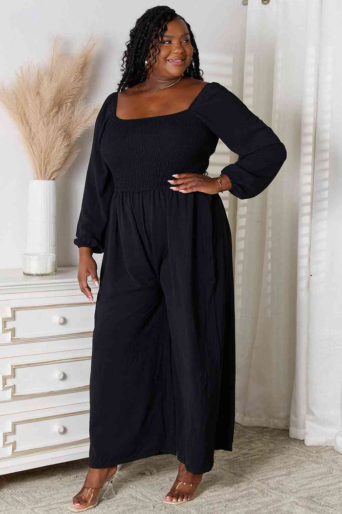 Square Neck Smocked Jumpsuit with Pockets