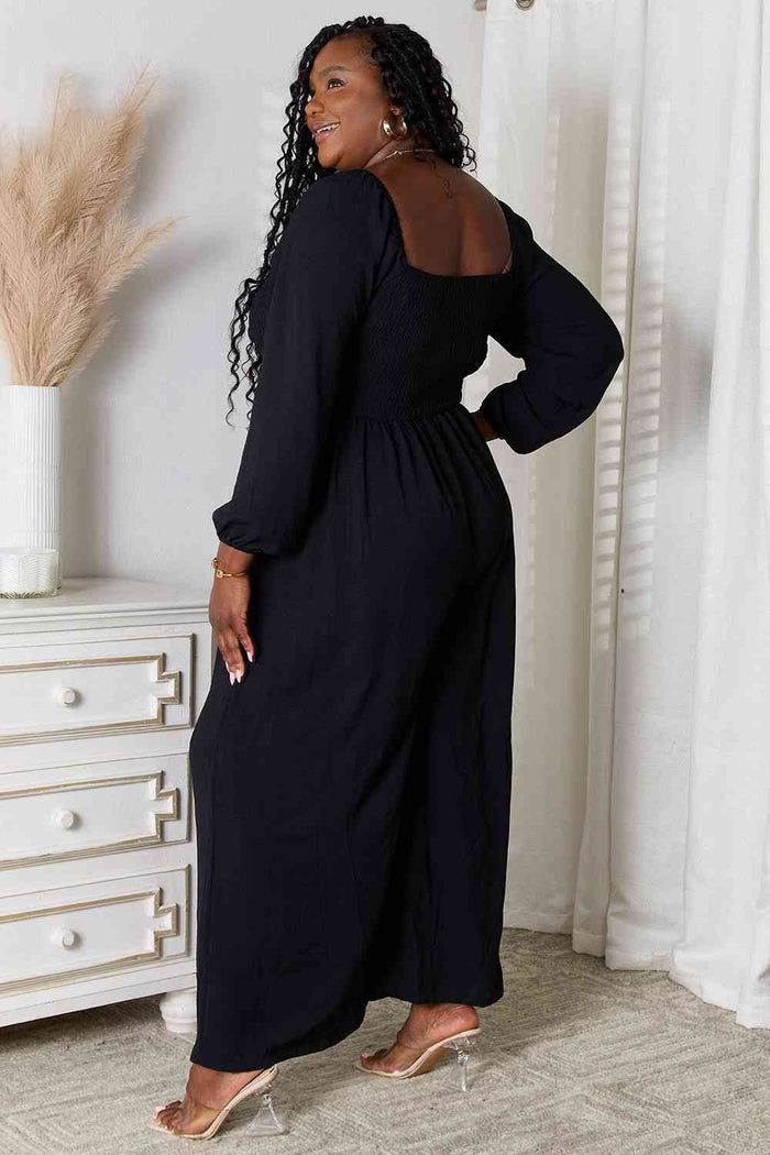 Square Neck Smocked Jumpsuit with Pockets