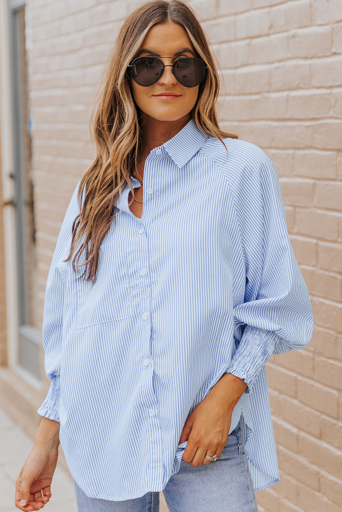 Striped Lantern Sleeve Button-Down Shirt