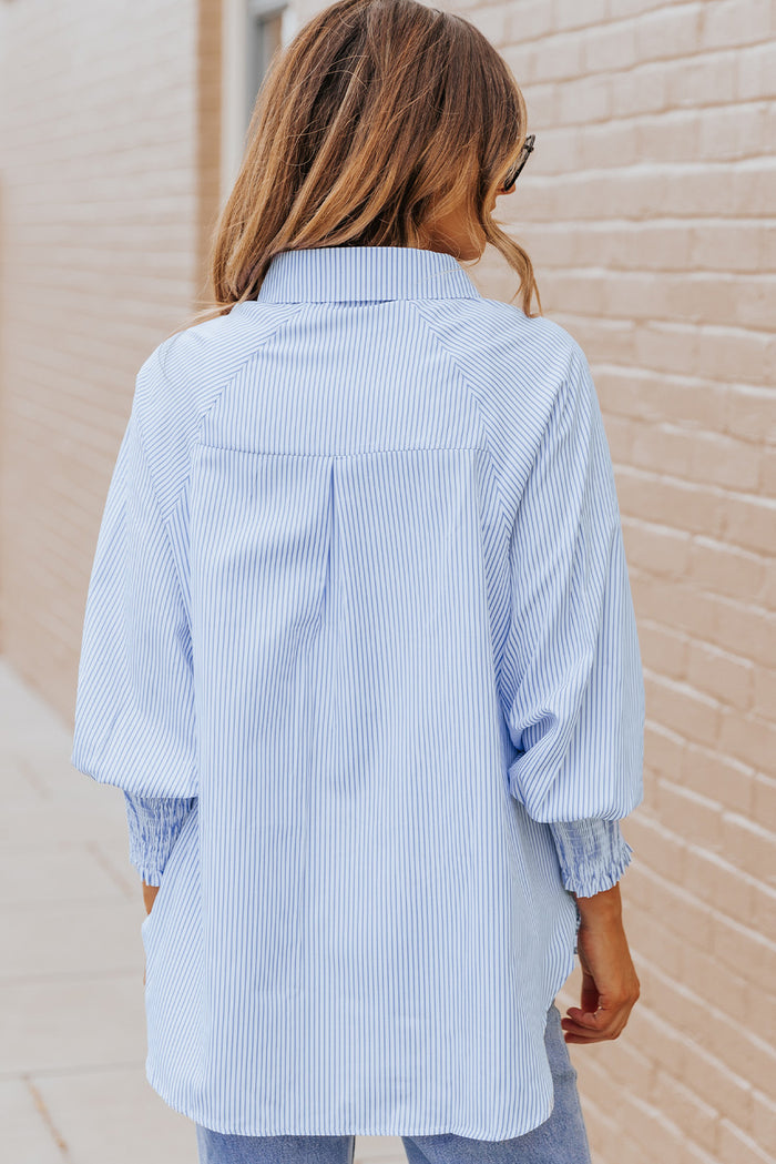 Striped Lantern Sleeve Button-Down Shirt