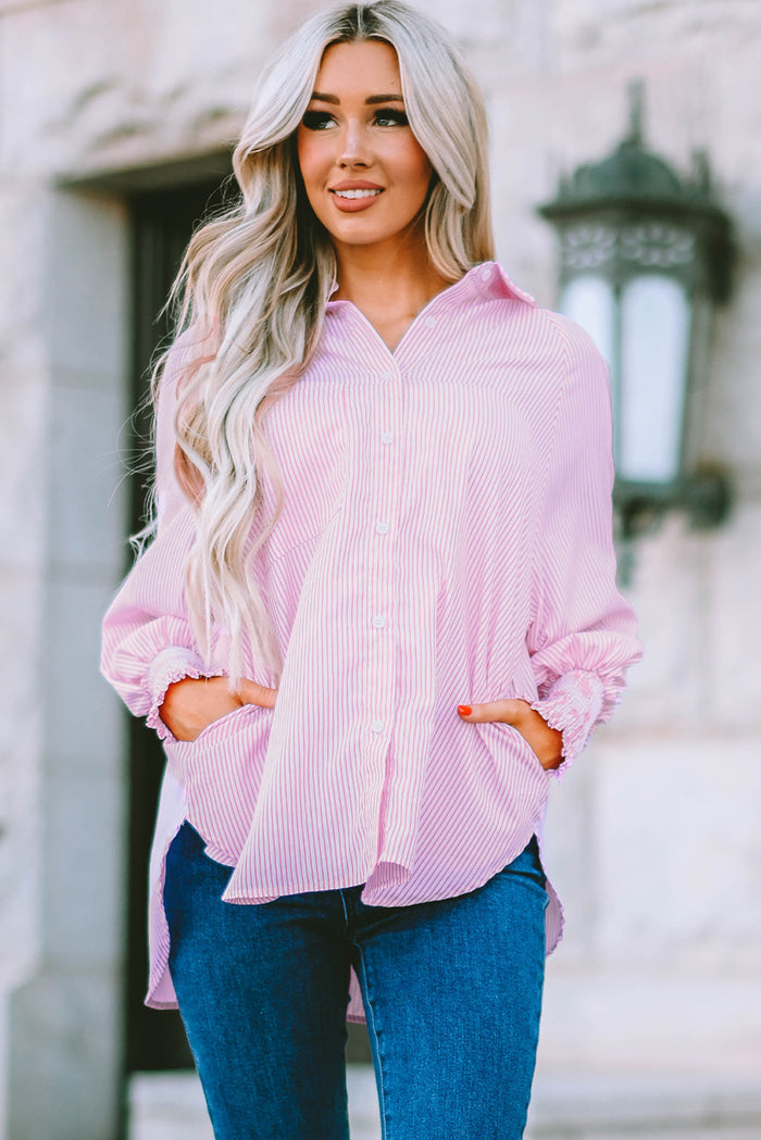 Striped Lantern Sleeve Button-Down Shirt