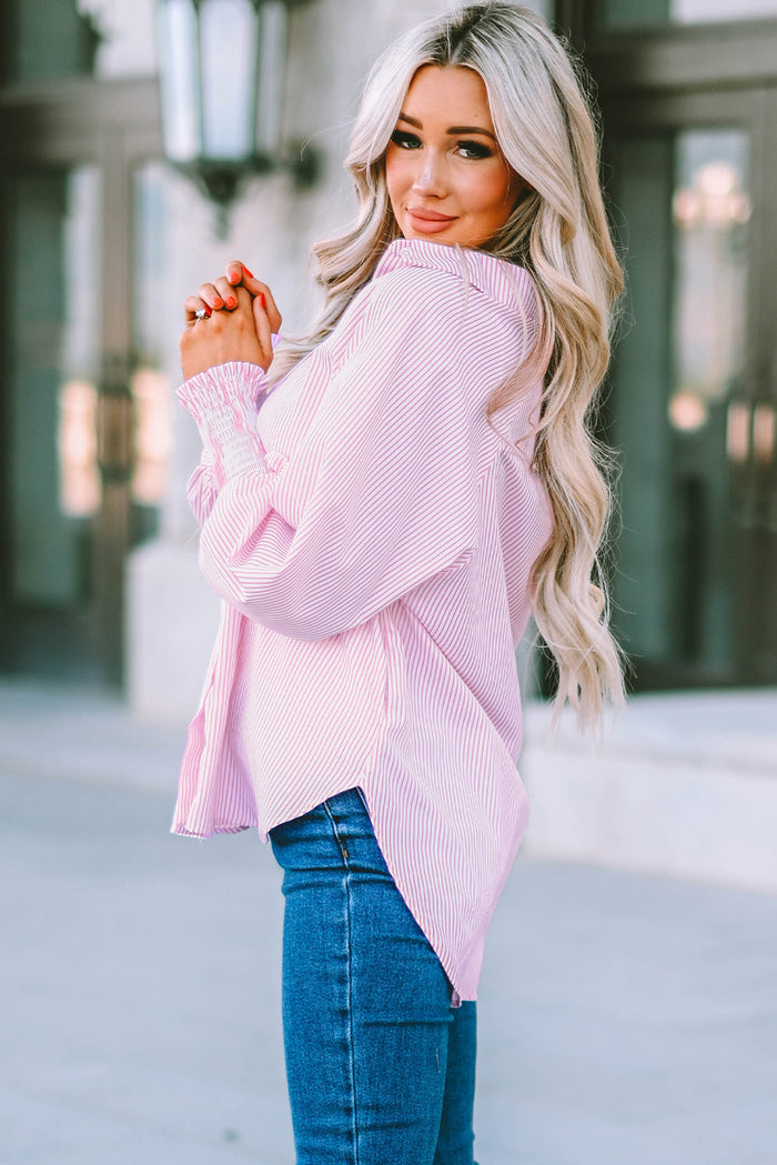Striped Lantern Sleeve Button-Down Shirt