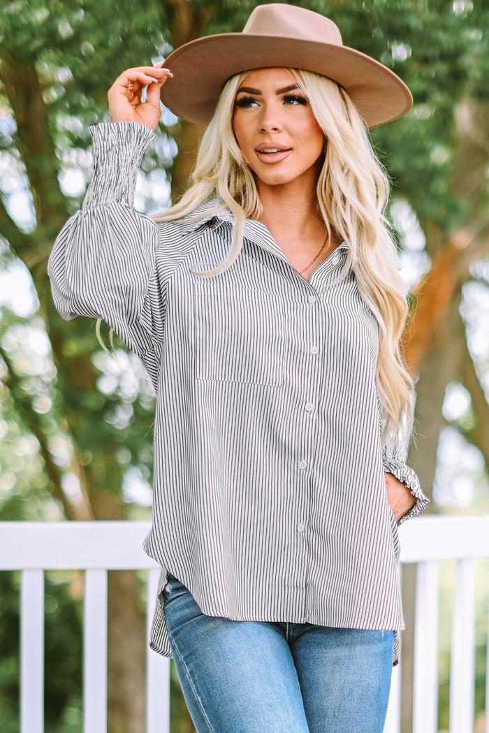 Striped Lantern Sleeve Button-Down Shirt