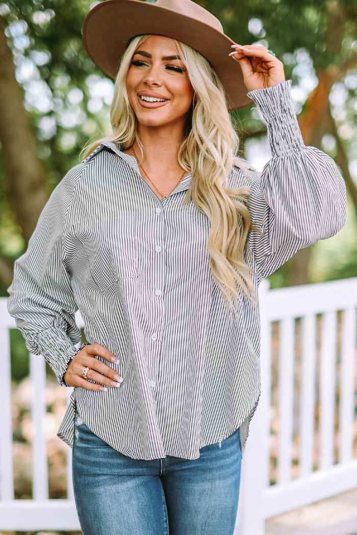 Striped Lantern Sleeve Button-Down Shirt