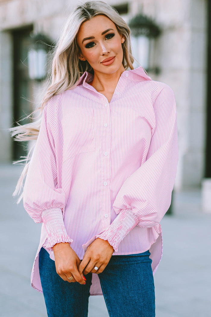 Striped Lantern Sleeve Button-Down Shirt