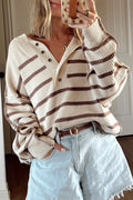 Striped Polo Collar Balloon Sleeve Knit Top