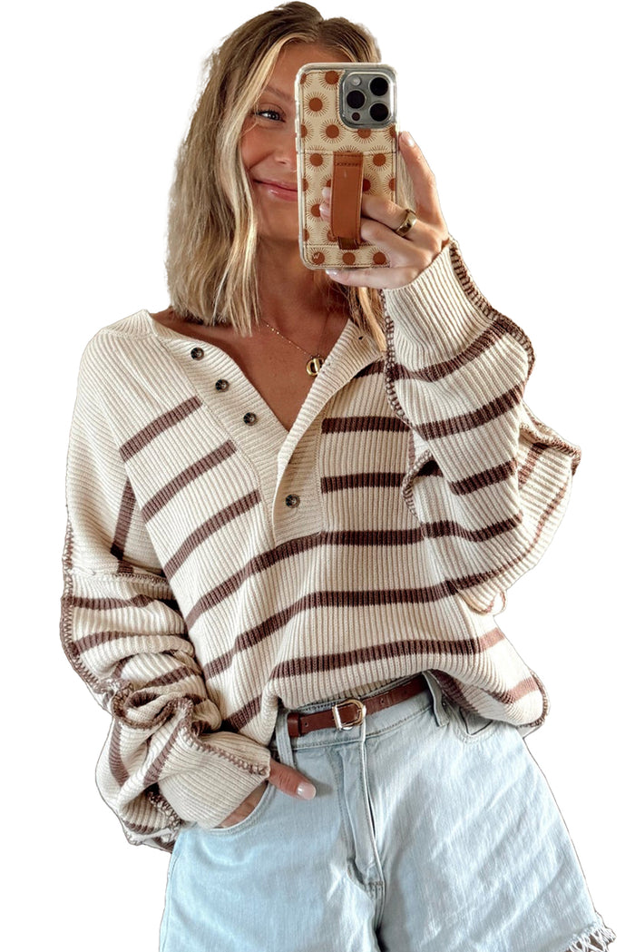 Striped Polo Collar Balloon Sleeve Knit Top
