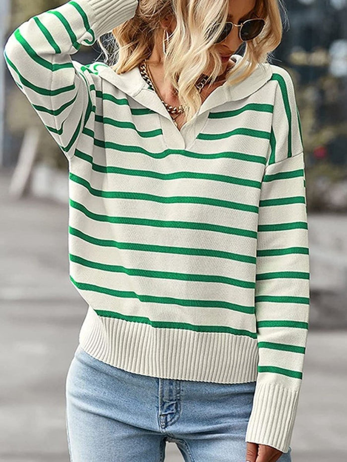 Striped Polo Collar Knit Sweater - The PM Edit