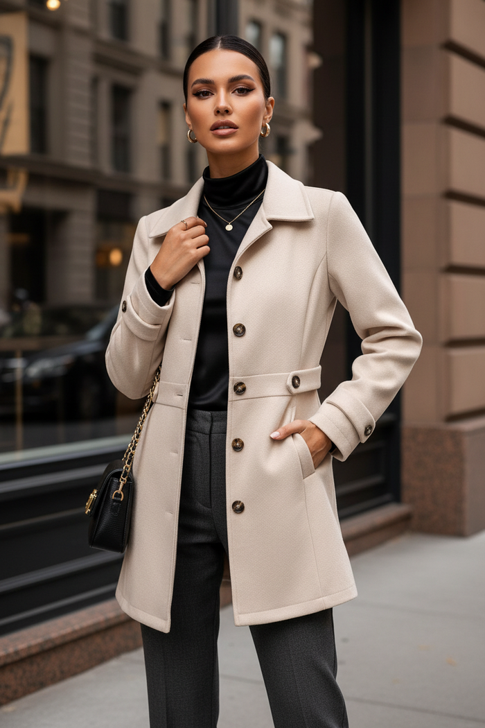 Structured Button Coat | Mid-Length Notch Lapel