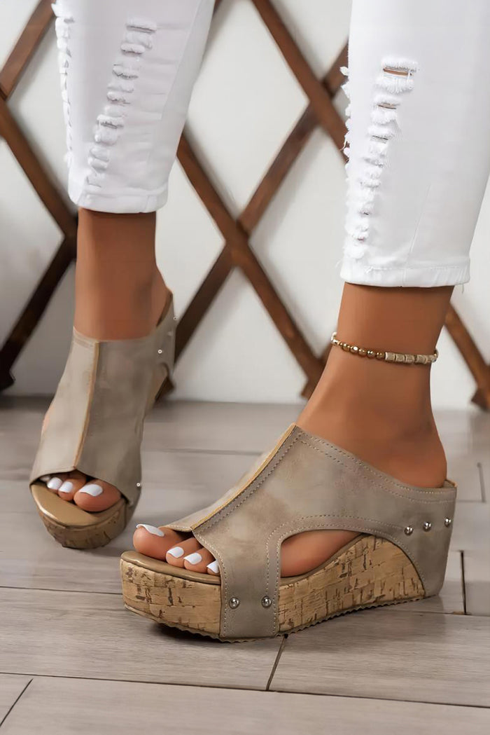 Studded Cork Wedge Mule Sandals | Cutout Platform Slides