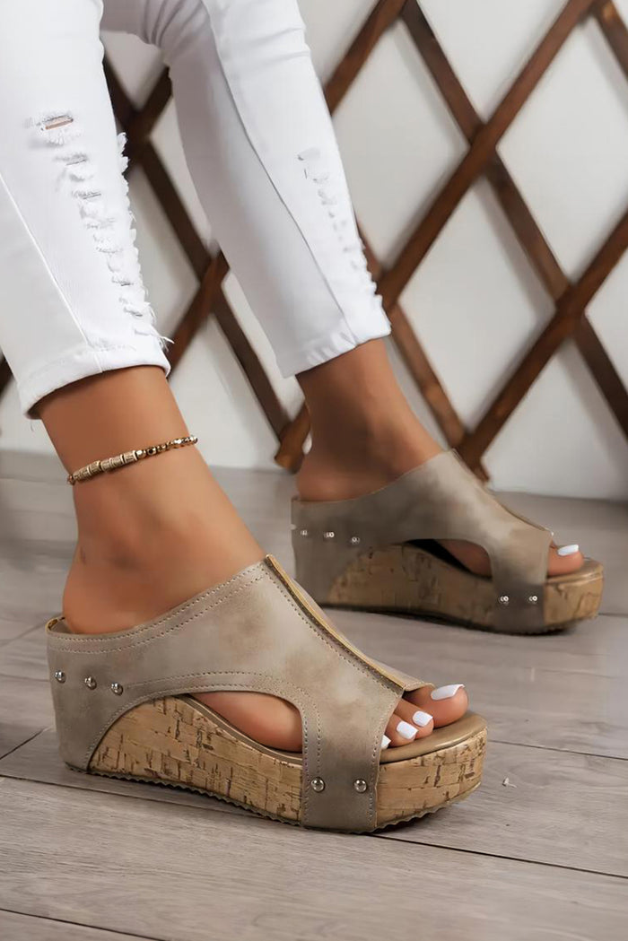 Studded Cork Wedge Mule Sandals | Cutout Platform Slides