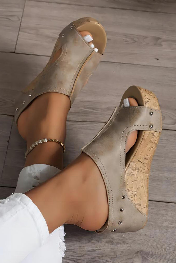 Studded Cork Wedge Mule Sandals | Cutout Platform Slides