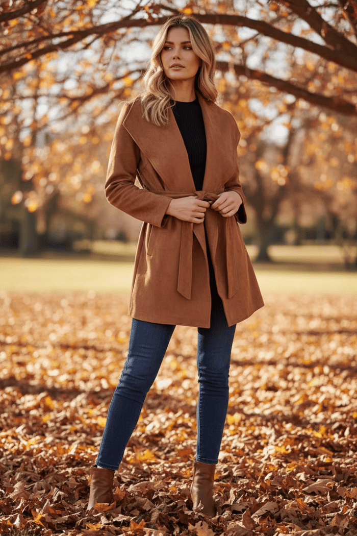 Suede Tie Waist Long Sleeve Outerwear - The PM Edit