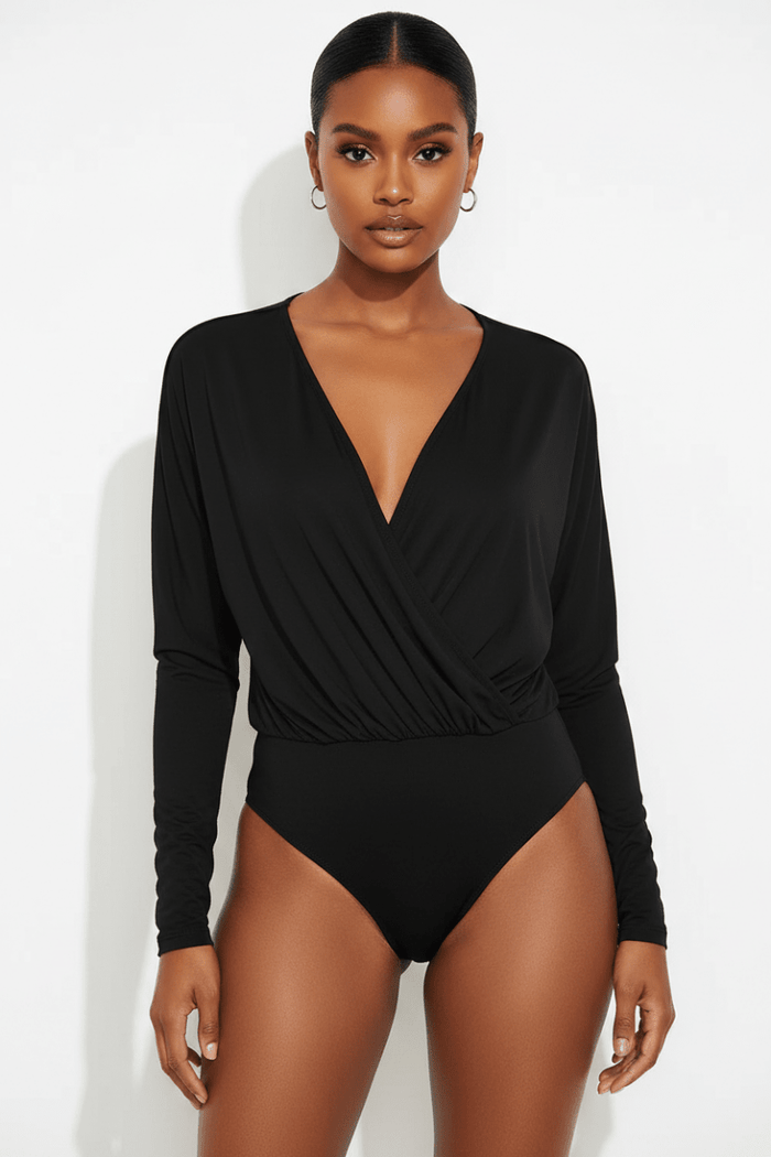 Surplice Long Sleeve Bodysuit | Wrap Neckline Stretch Fit - The PM Edit