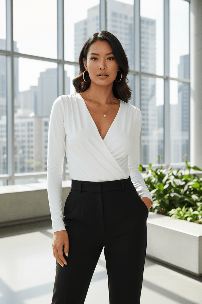 Surplice Long Sleeve Bodysuit | Wrap Neckline Stretch Fit - The PM Edit