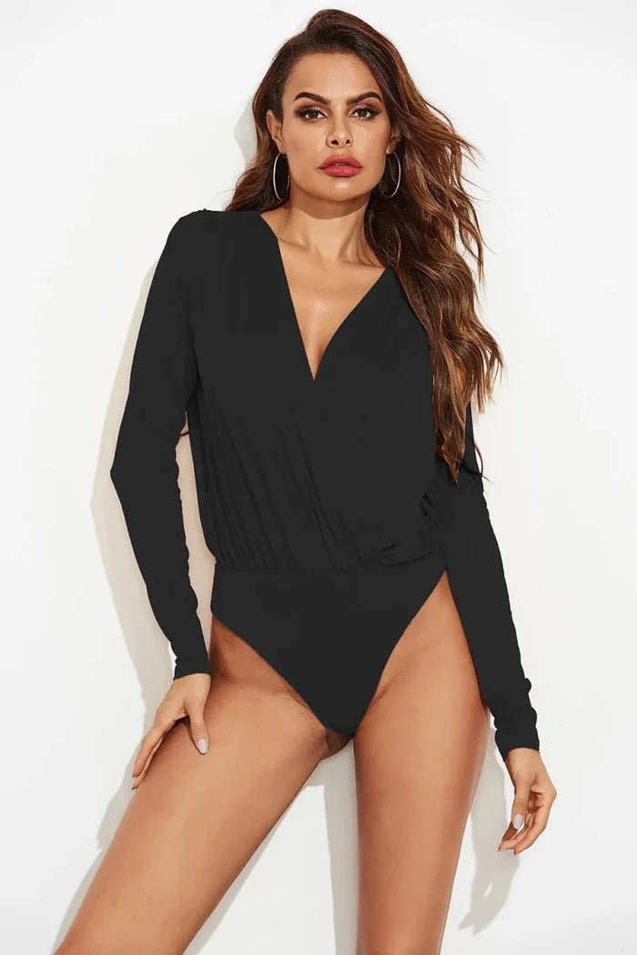 Surplice Long Sleeve Bodysuit | Wrap Neckline Stretch Fit - The PM Edit
