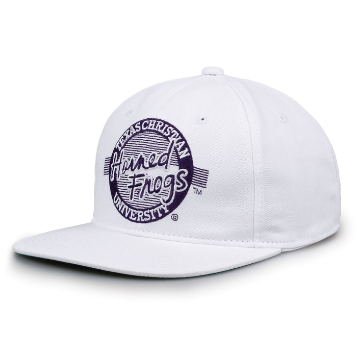 TCU Retro Circle snapback hat in white, angled view