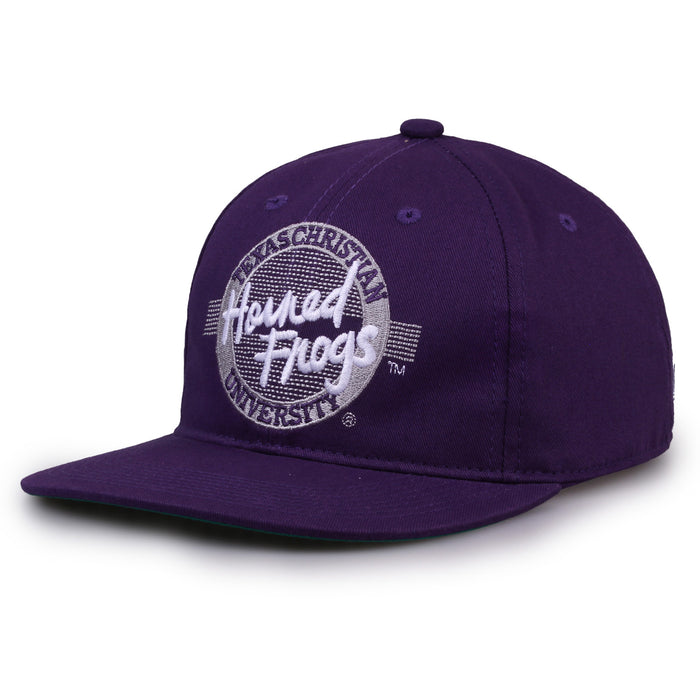 TCU Retro Circle snapback hat in purple, angled view