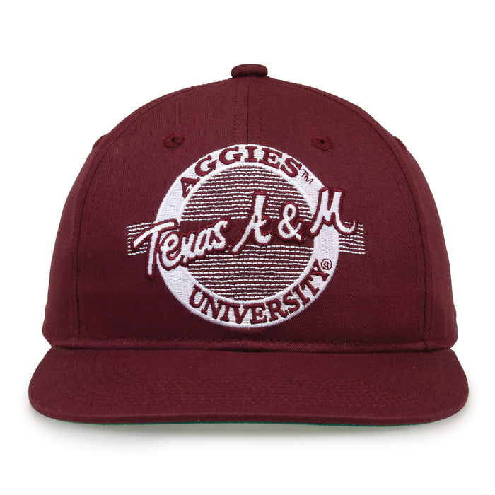 Texas A&M Retro Circle snapback hat in maroon, front view
