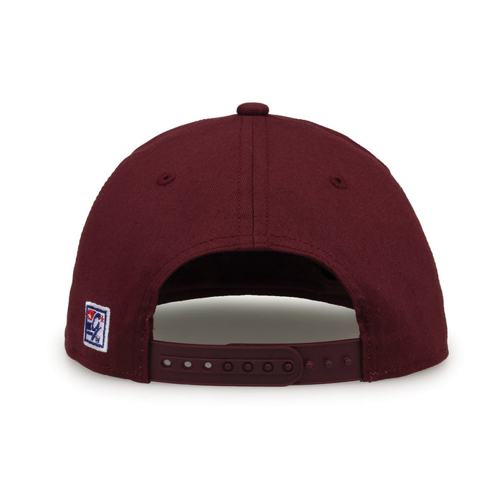 Texas A&M Retro Circle snapback hat in maroon, straight rear view showing the adjustable snap closure