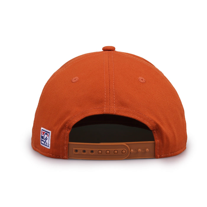 Texas Retro Circle snapback hat in burnt orange, straight rear view showing the adjustable snap closure