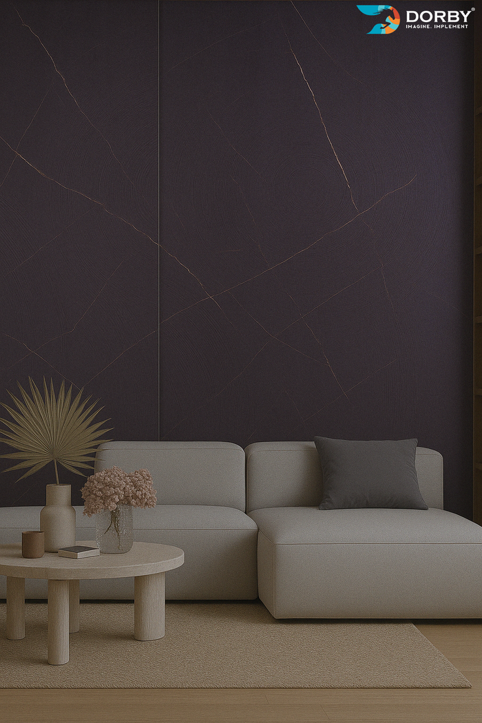 Modern living room with a gray sofa, small table, and decorative items against a dark wall.