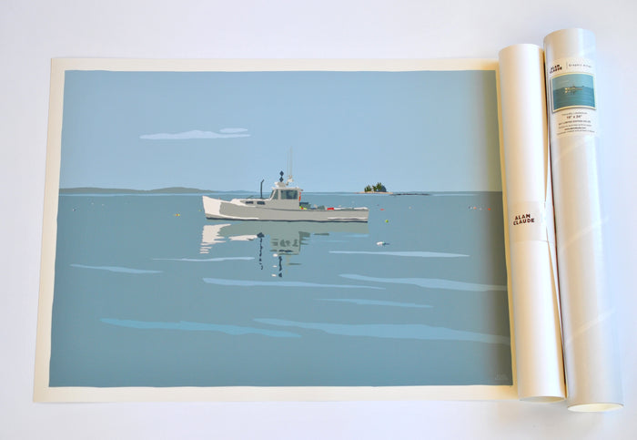 Tranquility Lobster Boat Art Print 18" x 24" Wall Poster By Alan Claude - Maine