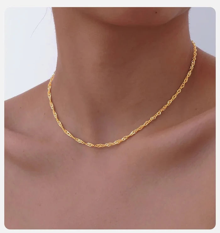 Twisted Singapore Chain Choker Necklace | 18K PVD Gold Stainless Steel Adjustable Collar - The PM Edit
