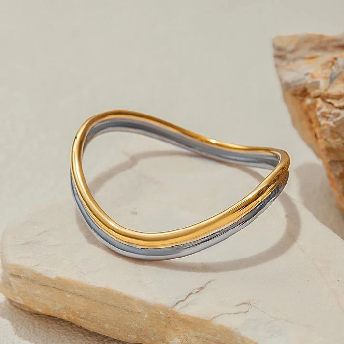 Two-Tone Wave Bangle Bracelet | 18K Gold & Silver Stainless Steel Minimalist Jewelry - The PM Edit