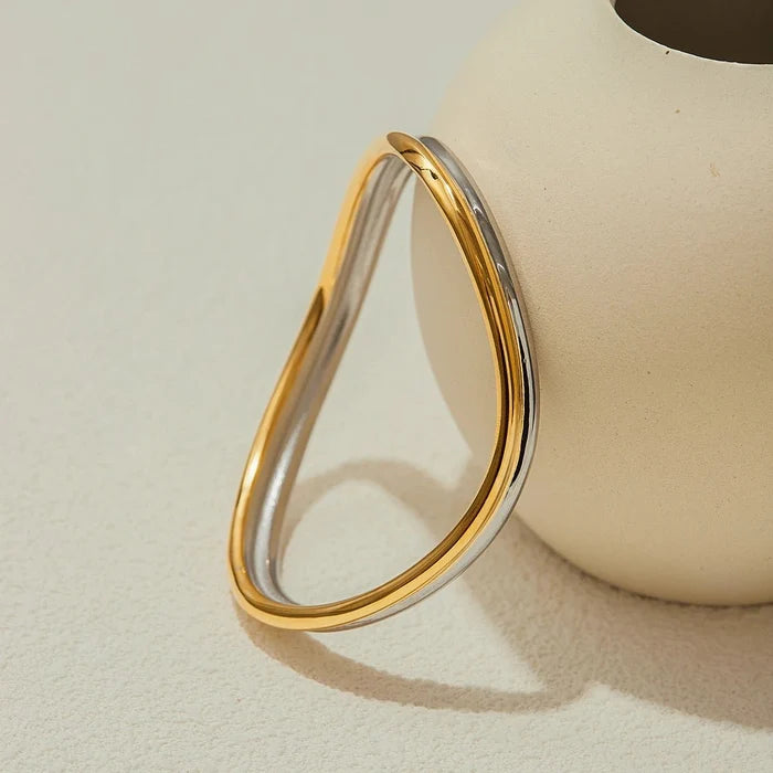 Two-Tone Wave Bangle Bracelet | 18K Gold & Silver Stainless Steel Minimalist Jewelry - The PM Edit