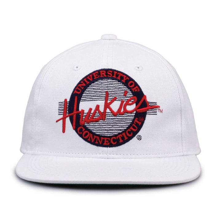 UConn Retro Circle snapback hat in white, front view