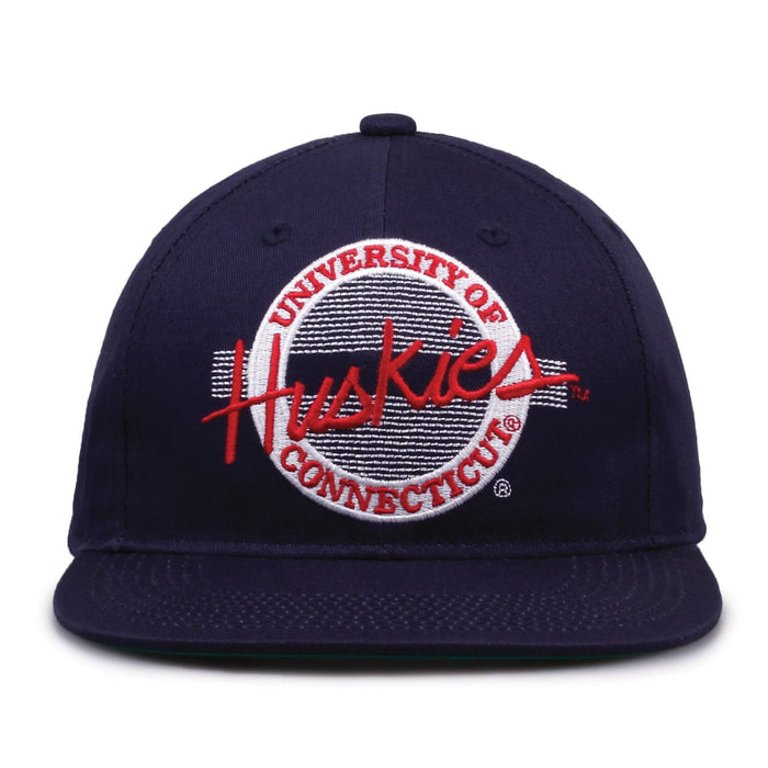 UConn Retro Circle snapback hat in navy, front view