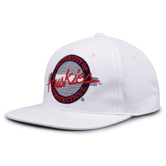 UConn Retro Circle snapback hat in white, angled view