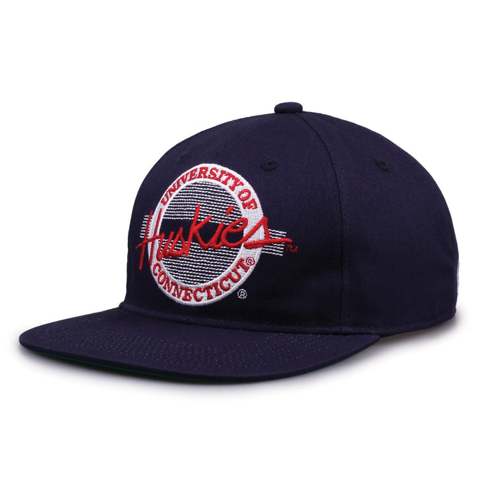 UConn Retro Circle snapback hat in navy, angled view
