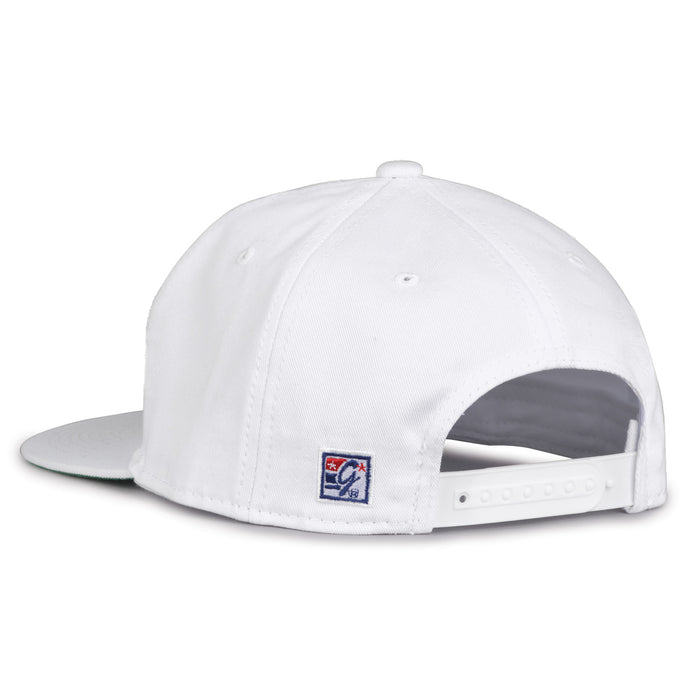 UConn Retro Circle snapback hat in white, rear view showing the adjustable snap closure