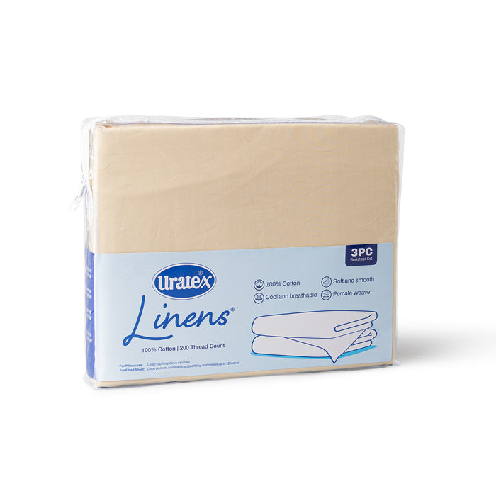 Packaging of the Uratex Bed Linens 3 Piece Fitted Sheet Set in beige
