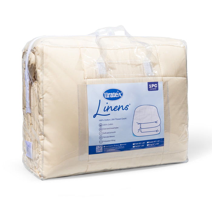 Packaging of the Uratex Bed Linens Comforter in beige