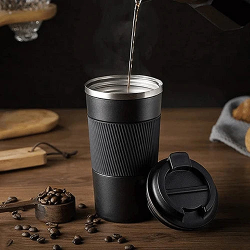 travel coffee mug contents and components flat lay